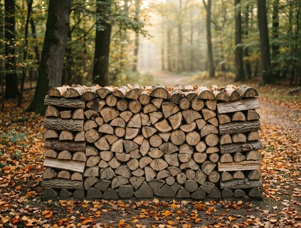 Pile de bûches de bois de chauffage soigneusement empilées en lisière de forêt, entourée de feuilles d'automne