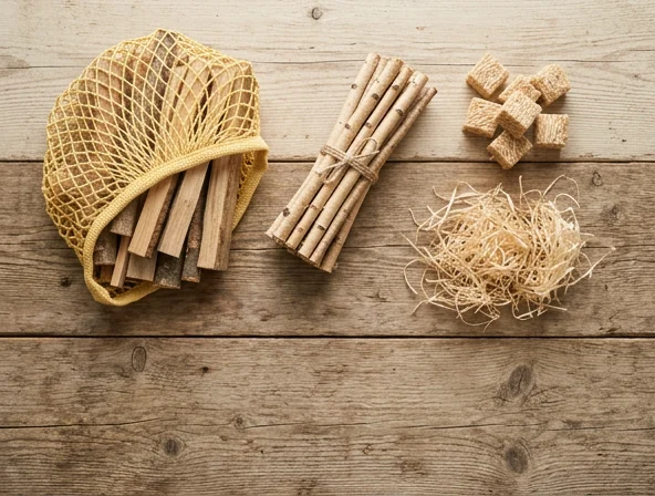 Filet de petit bois, fagot, allume-feux en laine de bois sur une table