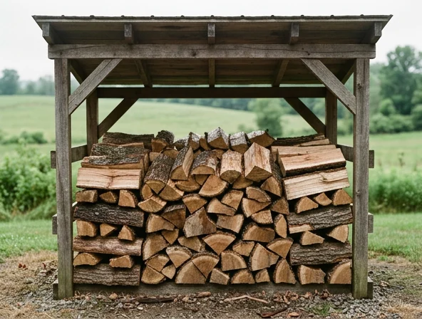 Bois fraîchement fendu qui sèche sous un abri en bois