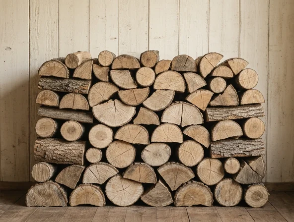 Bûches de bois de chauffage sec empilées contre un mur en bois