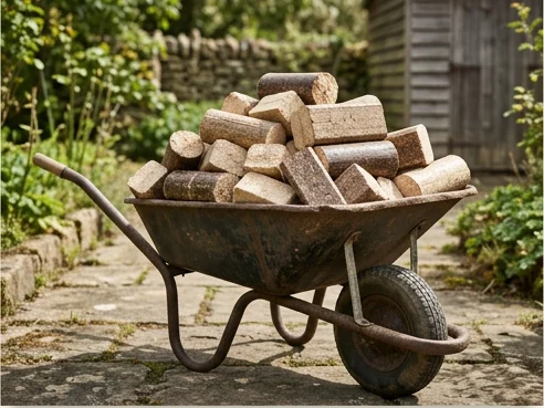 Bûches compressées et briquettes de bois dans une brouette