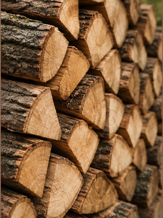 Gros plan sur un empilement de bûches de bois de chauffage fendues, rangées avec soin.